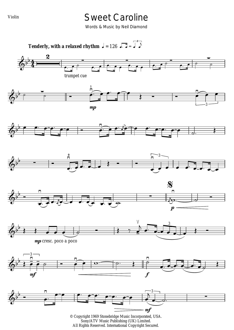 Sweet Caroline Violin Solo scores gallery preview page 1