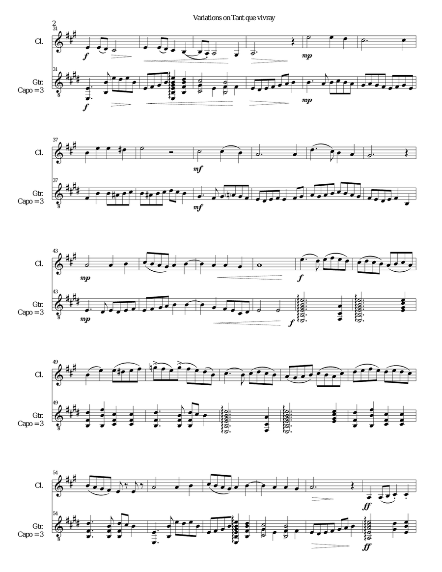 Variations on Tant que vivray for clarinet and guitar Clarinet scores gallery preview page 2