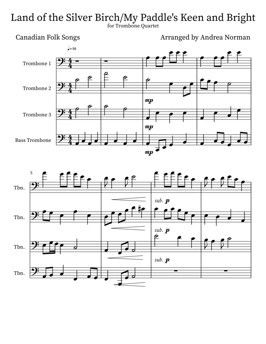 Land of the Silver Birch/My Paddle's Keen and Bright Brass Quartet scores gallery preview page 1