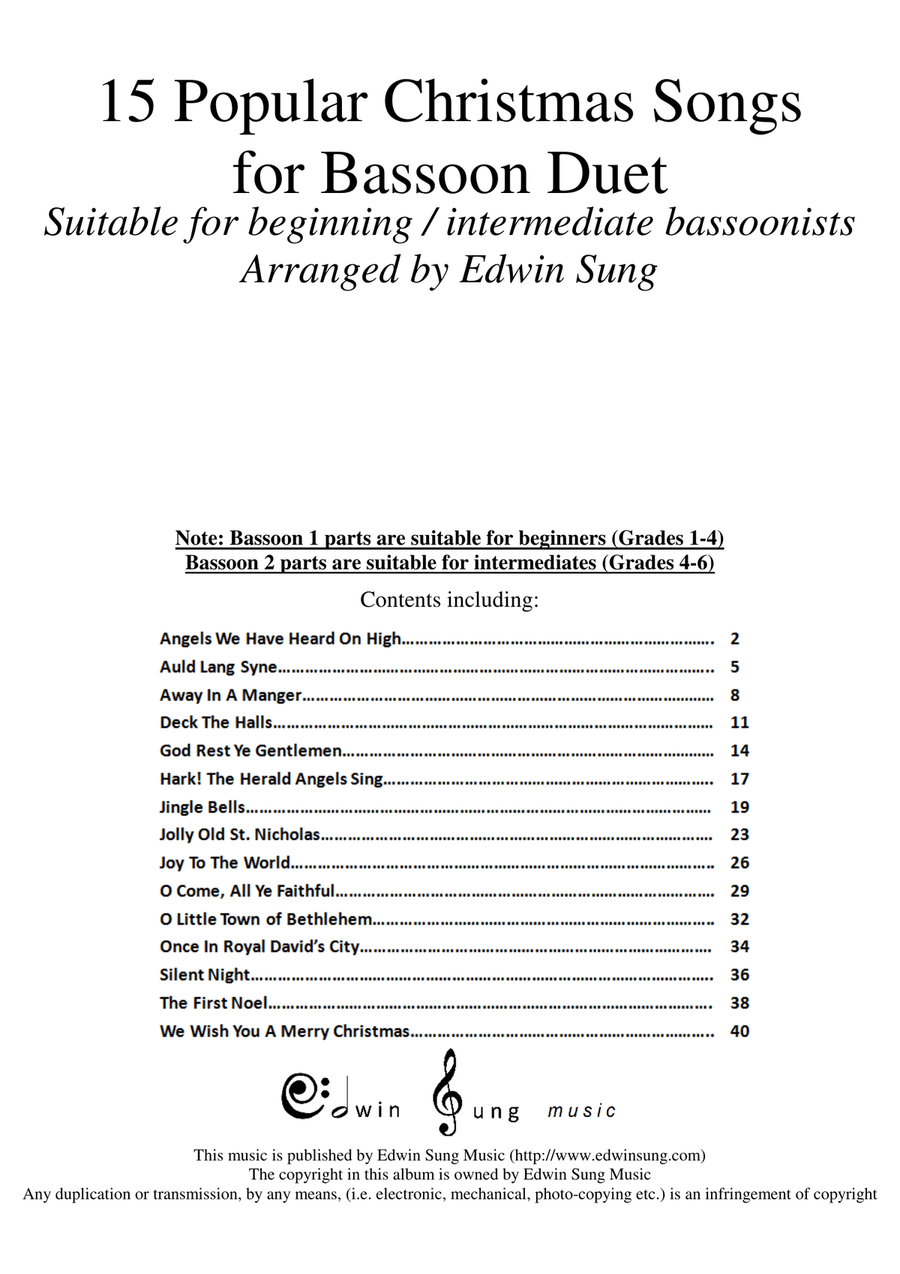 15 Popular Christmas Songs for Bassoon Duet (Suitable for beginning / intermediate bassoonists) Woodwind Duet scores gallery preview page 1