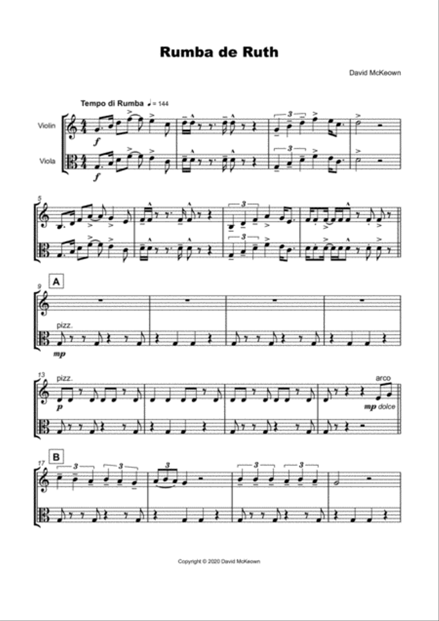 Rumba de Ruth, for Violin and Viola Duet