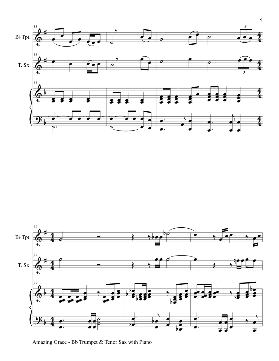 AMAZING GRACE (Bb Trumpet & Tenor Sax with Piano - Score & Parts included) Tenor Saxophone scores gallery preview page 6