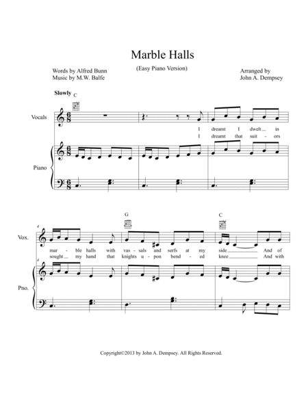 (I Dreamt I Dwelt in) Marble Halls: Easy Piano