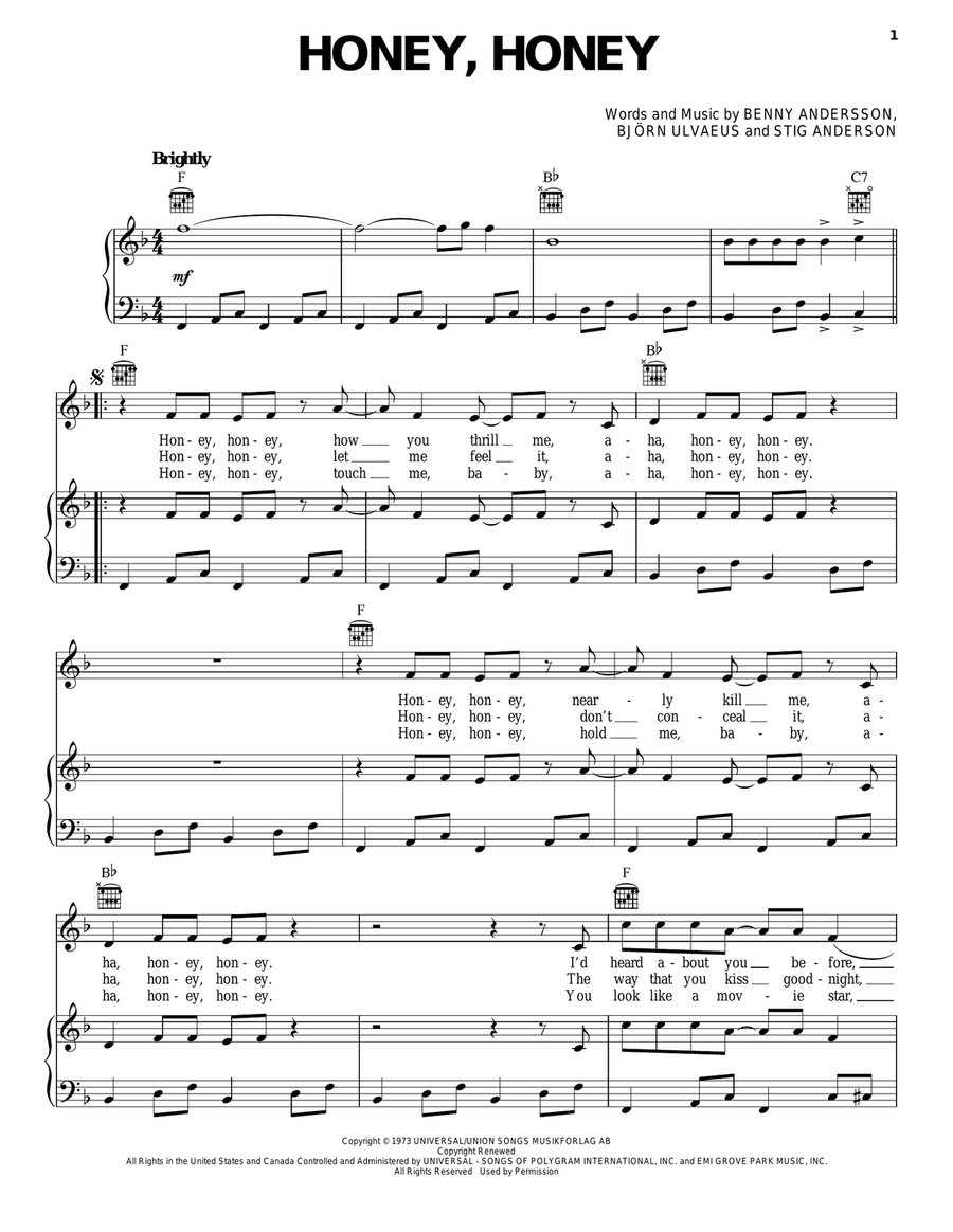 Honey, Honey Honey, Honey Piano, Vocal, Guitar scores gallery preview page 1