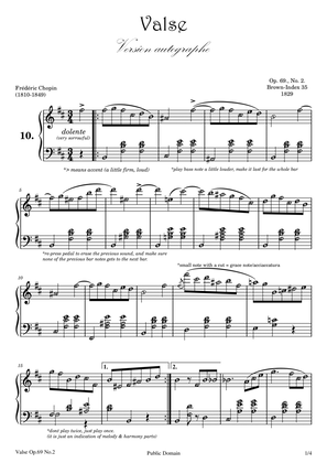 Book cover for VALSE / WALTZ OP. 69 NO. 2 (CHOPIN) with note names and performance directions