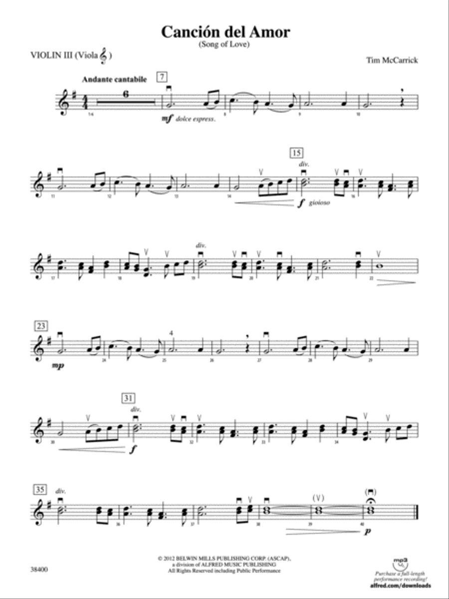Canción del Amor: 3rd Violin (Viola [TC]) String Orchestra scores gallery preview page 1