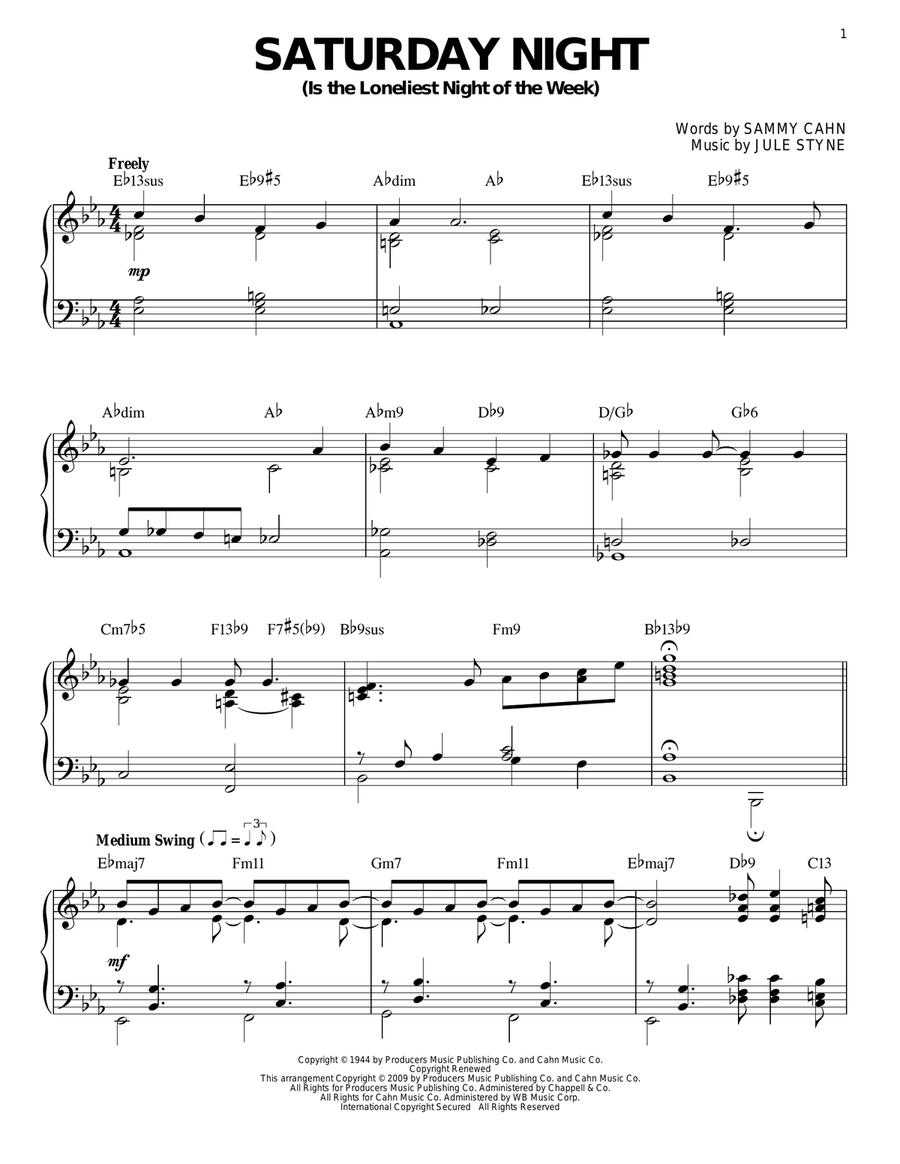 Saturday Night (Is The Loneliest Night Of The Week) (arr. Brent Edstrom) Piano Solo scores gallery preview page 1