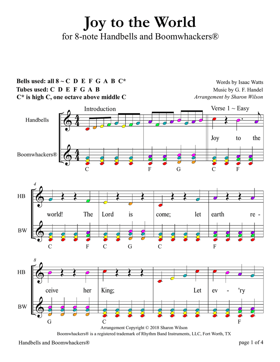 Joy to the World for 8-note Bells and Boomwhackers (with Color Coded Notes)