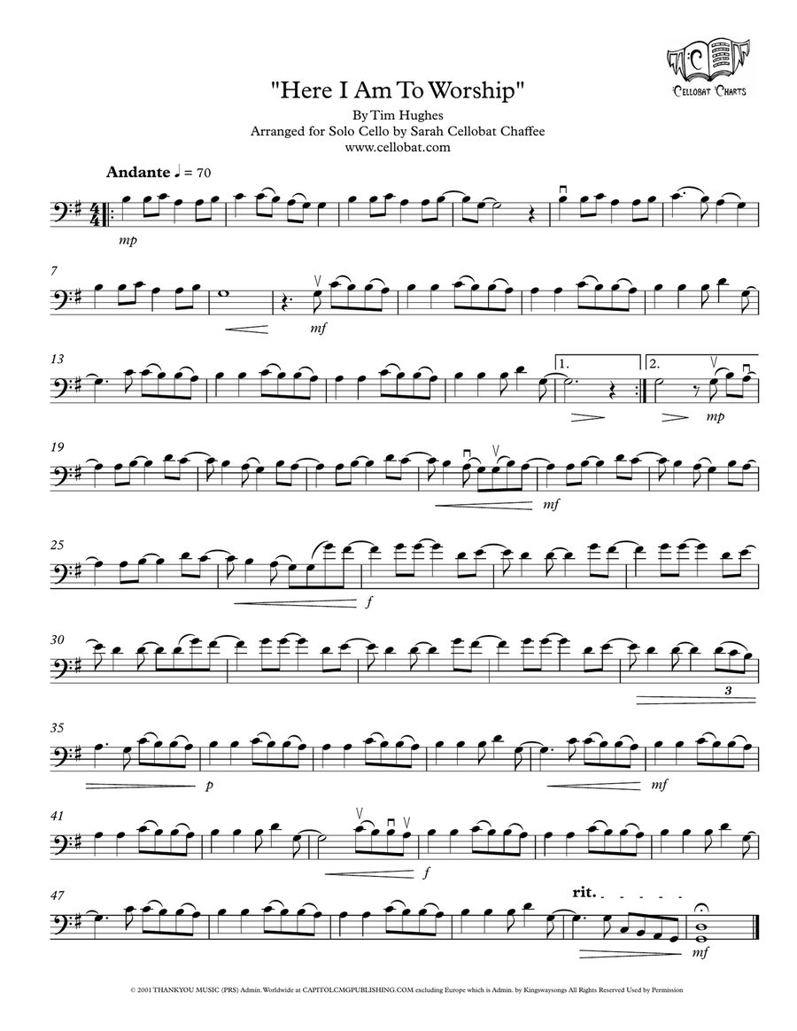 Here I Am To Worship (light Of The World) Cello Solo scores gallery preview page 1