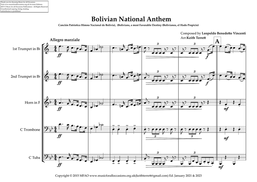 Bolivian National Anthem for Brass Quintet MFAO World National Anthem Series Brass Quintet scores gallery preview page 2