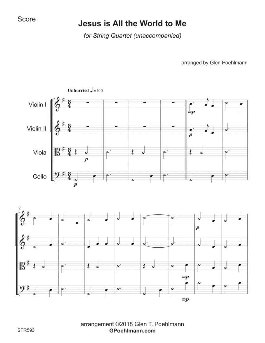 JESUS IS ALL THE WORLD TO ME - STRING QUARTET (unaccompanied) A Cappella scores gallery preview page 1