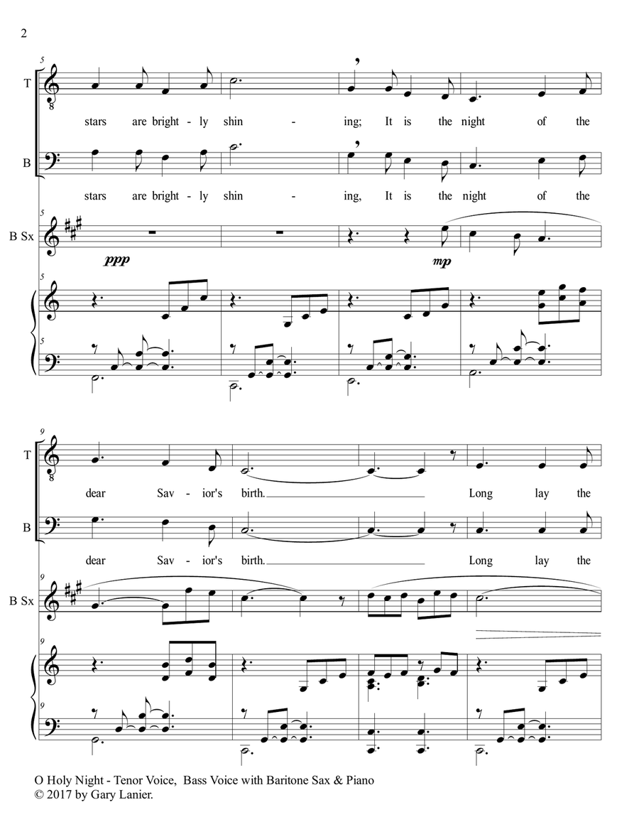 O HOLY NIGHT (Duet - Tenor Voice, Bass Voice with Baritone Sax & Piano - Score & Parts included) Small Ensemble scores gallery preview page 3