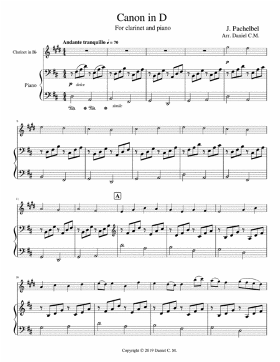 Canon in D for B flat clarinet and piano B-Flat Clarinet scores gallery preview page 2