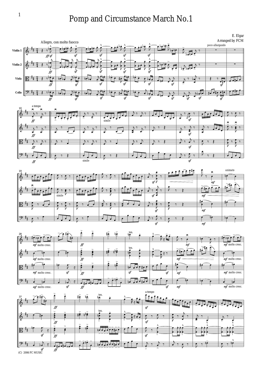 Elgar Pomp and Circumstance March No.1, for string quartet, CE001 String Quartet scores gallery preview page 1