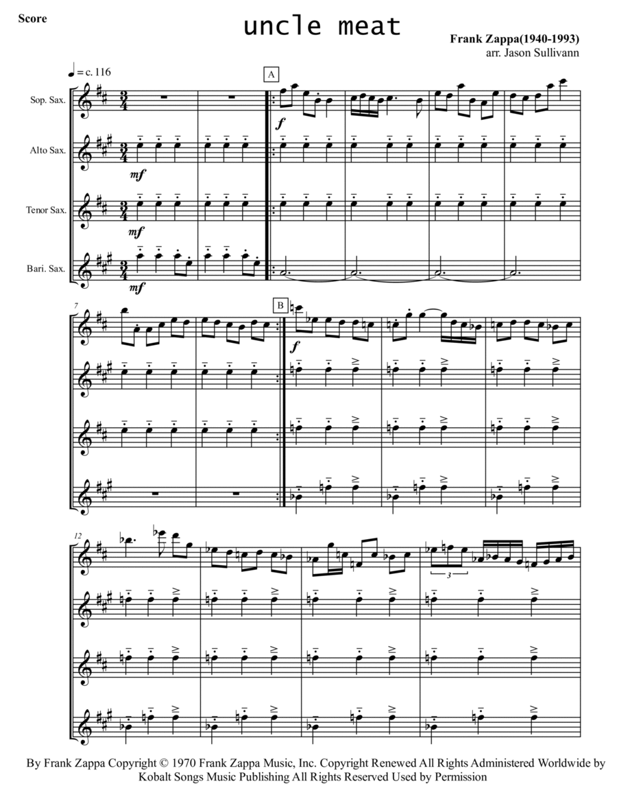 Uncle Meat Saxophone Quartet scores gallery preview page 1