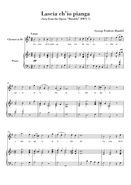 Lascia ch'io pianga (for Clarinet Bb and Piano) Original Key F major image number null