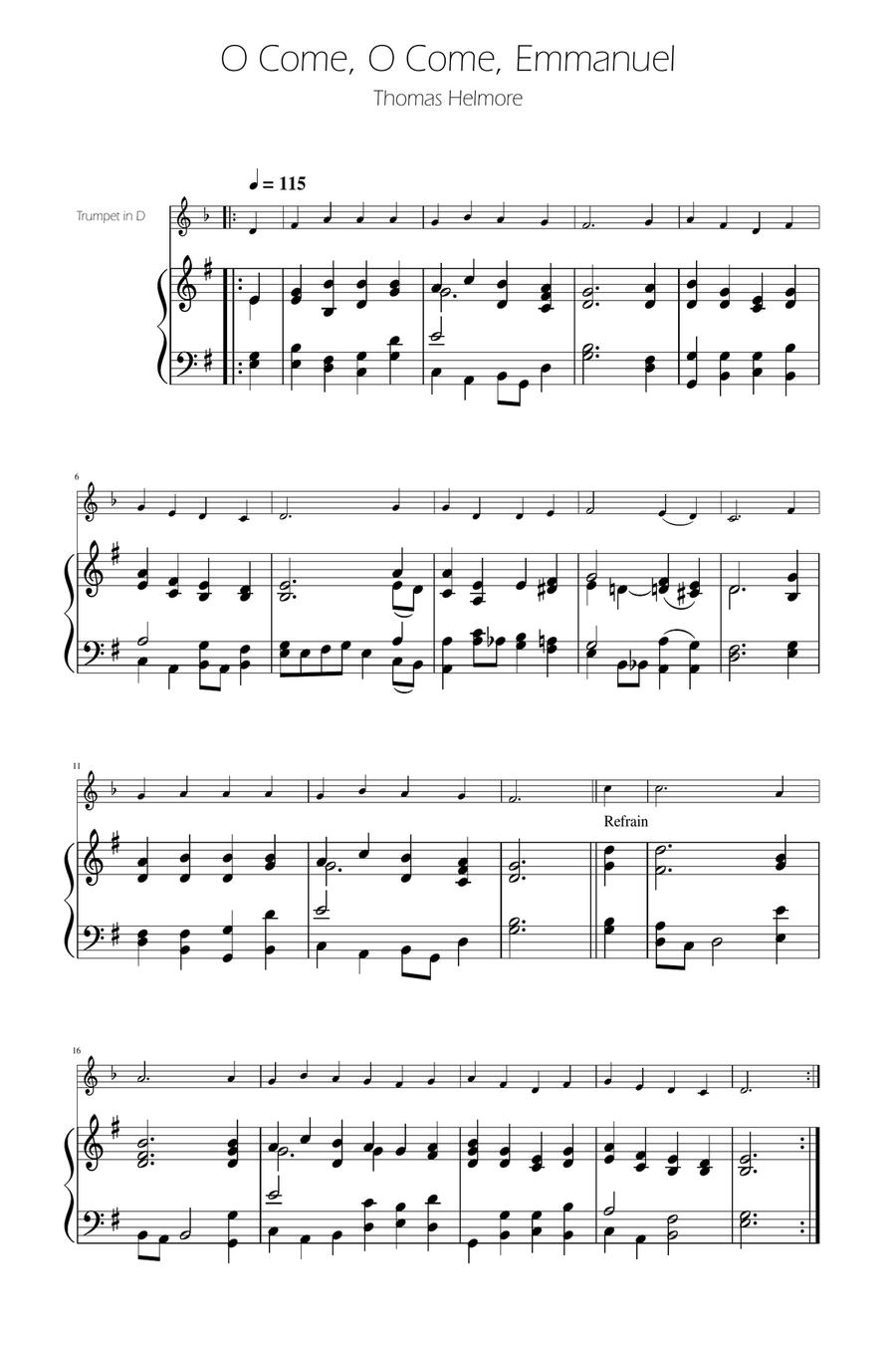 O Come, O Come, Emmanuel - Trumpet in D Solo w/ Piano Trumpet Solo scores gallery preview page 1