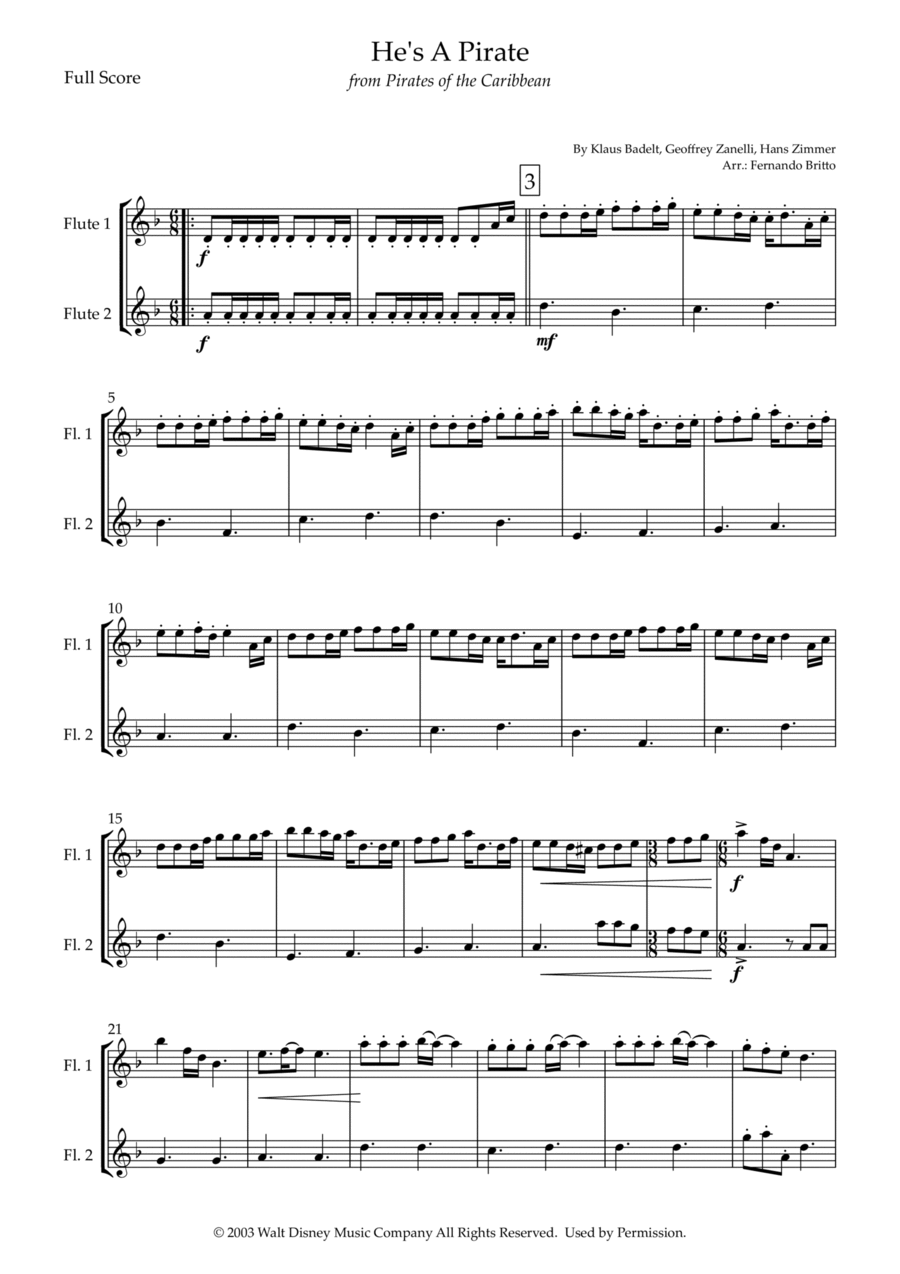 He's A Pirate Flute Duet scores gallery preview page 1