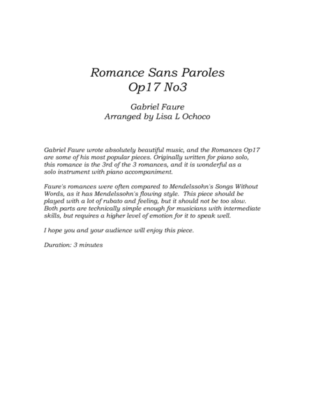 Romance Sans Paroles Op17 No3 for Flute and Piano image number null