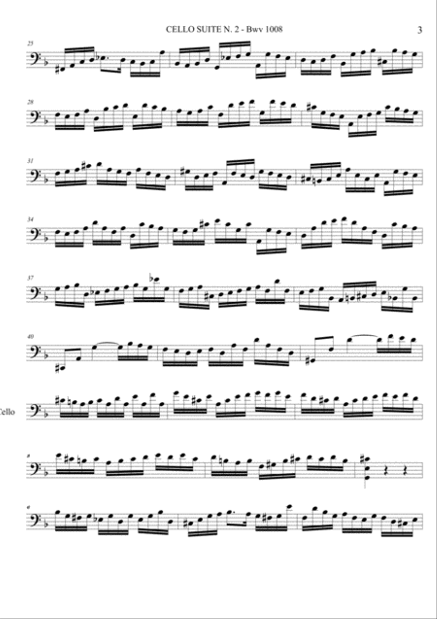CELLO SUITE N. 2 - Bwv 1008 - Prelude, Allemande, Courent, Sarabande, Minuetto, Giga Cello Solo scores gallery preview page 3
