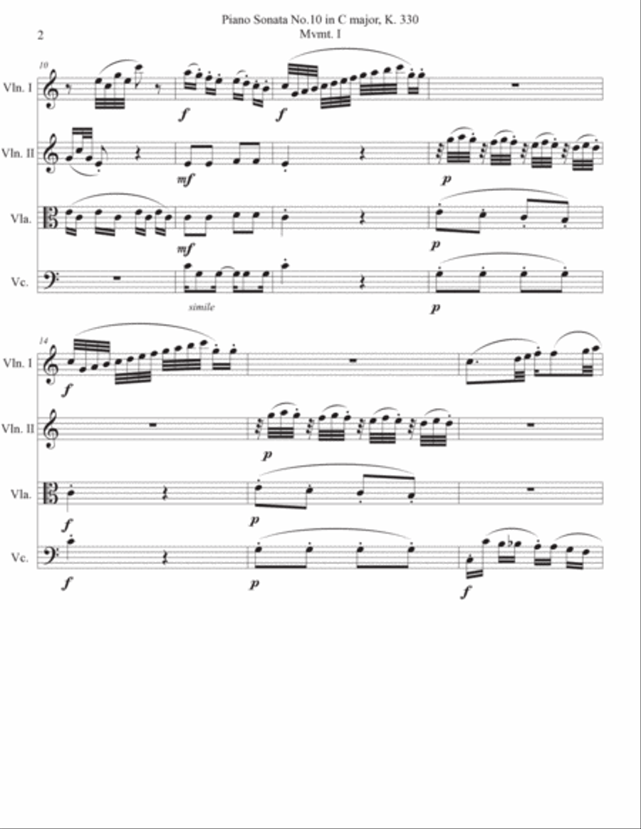 Piano Sonata No.10 in C major, K. 330 Mvmt. I String Quartet scores gallery preview page 2