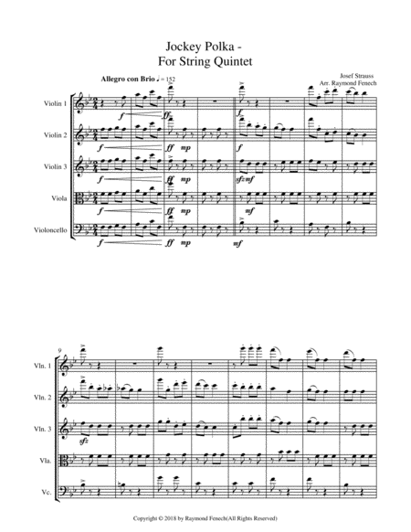 Jockey Polka (Josef Strauss) - for String Quintet (3 Violins; Viola and Violoncello) image number null