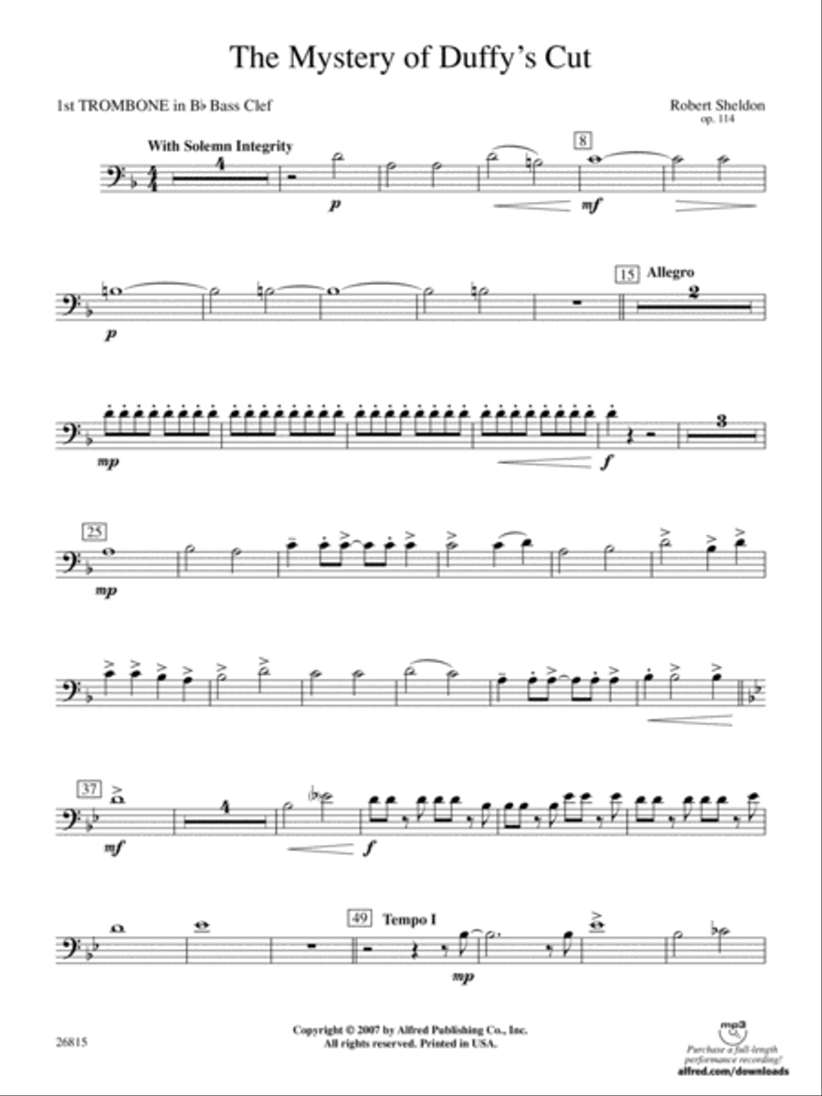 The Mystery of Duffy's Cut: (World Part) 1st B-flat Trombone B.C. Concert Band scores gallery preview page 1