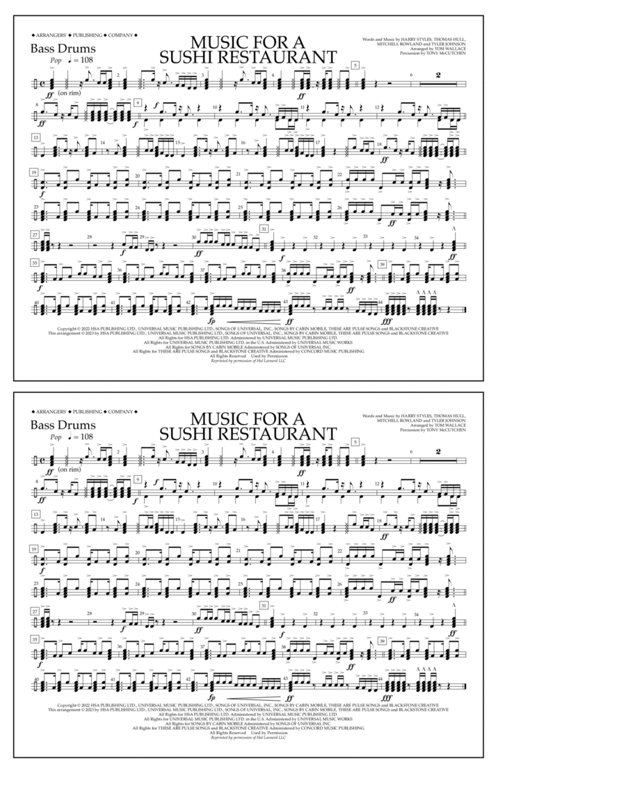 Music For A Sushi Restaurant (arr. Tom Wallace) - Bass Drums Marching Band scores gallery preview page 1