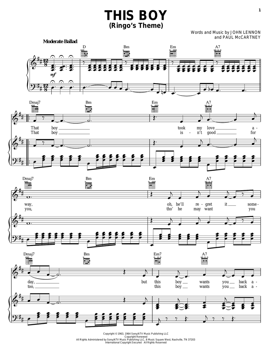 This Boy (Ringo's Theme) Piano, Vocal, Guitar scores gallery preview page 1