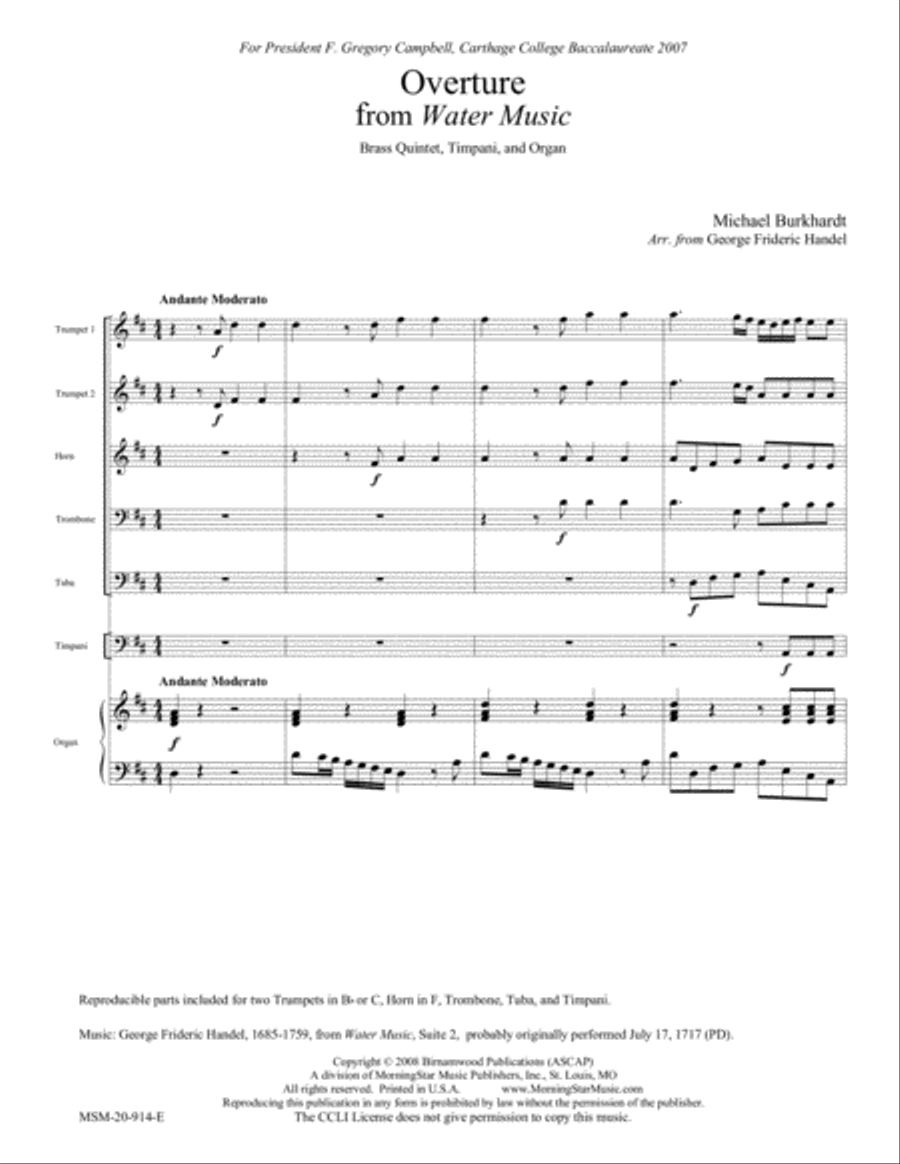 Overture from Water Music, Suite 2 Organ scores gallery preview page 1