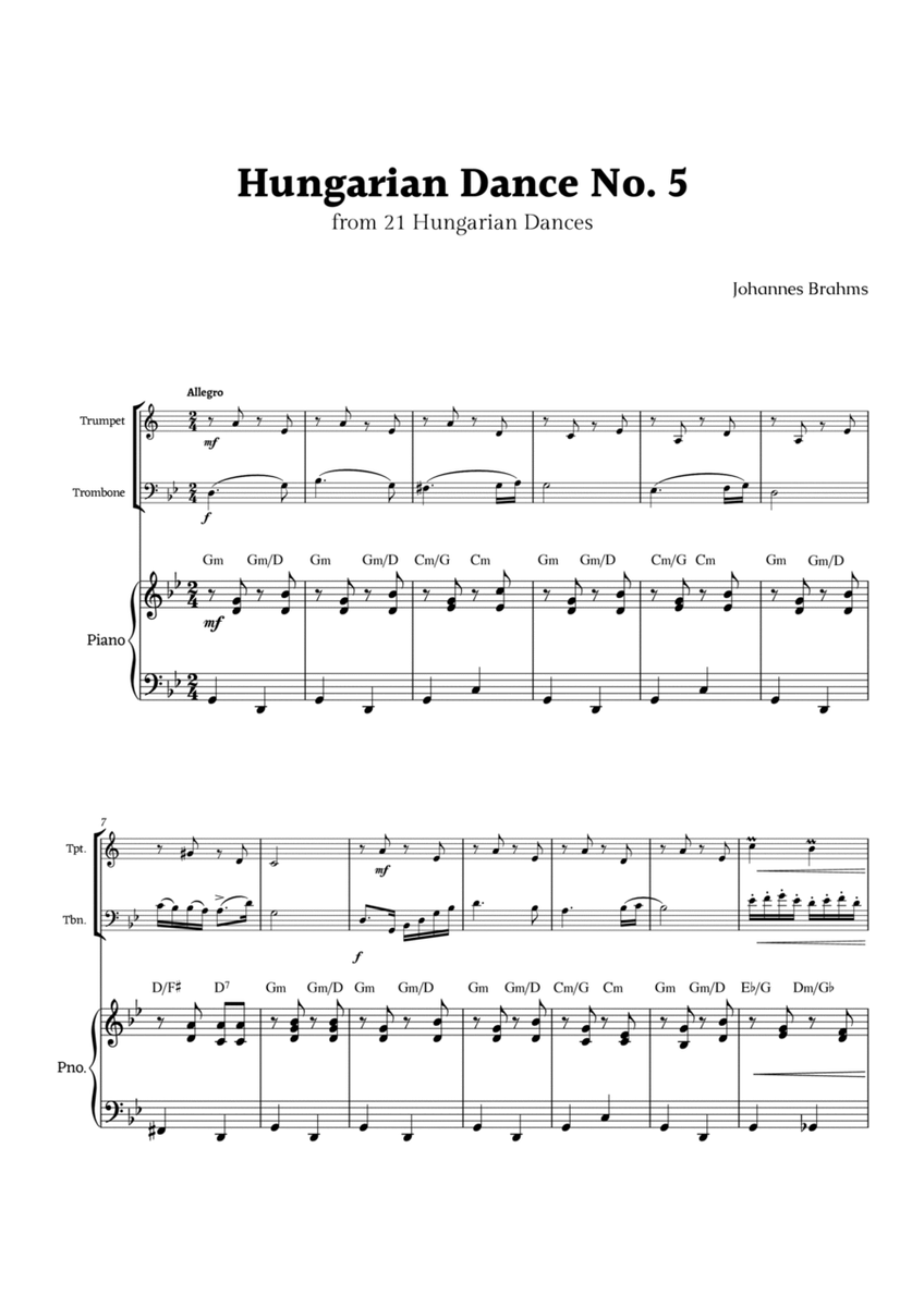 Hungarian Dance No. 5 by Brahms for Trumpet and Trombone Duet with Piano image number null