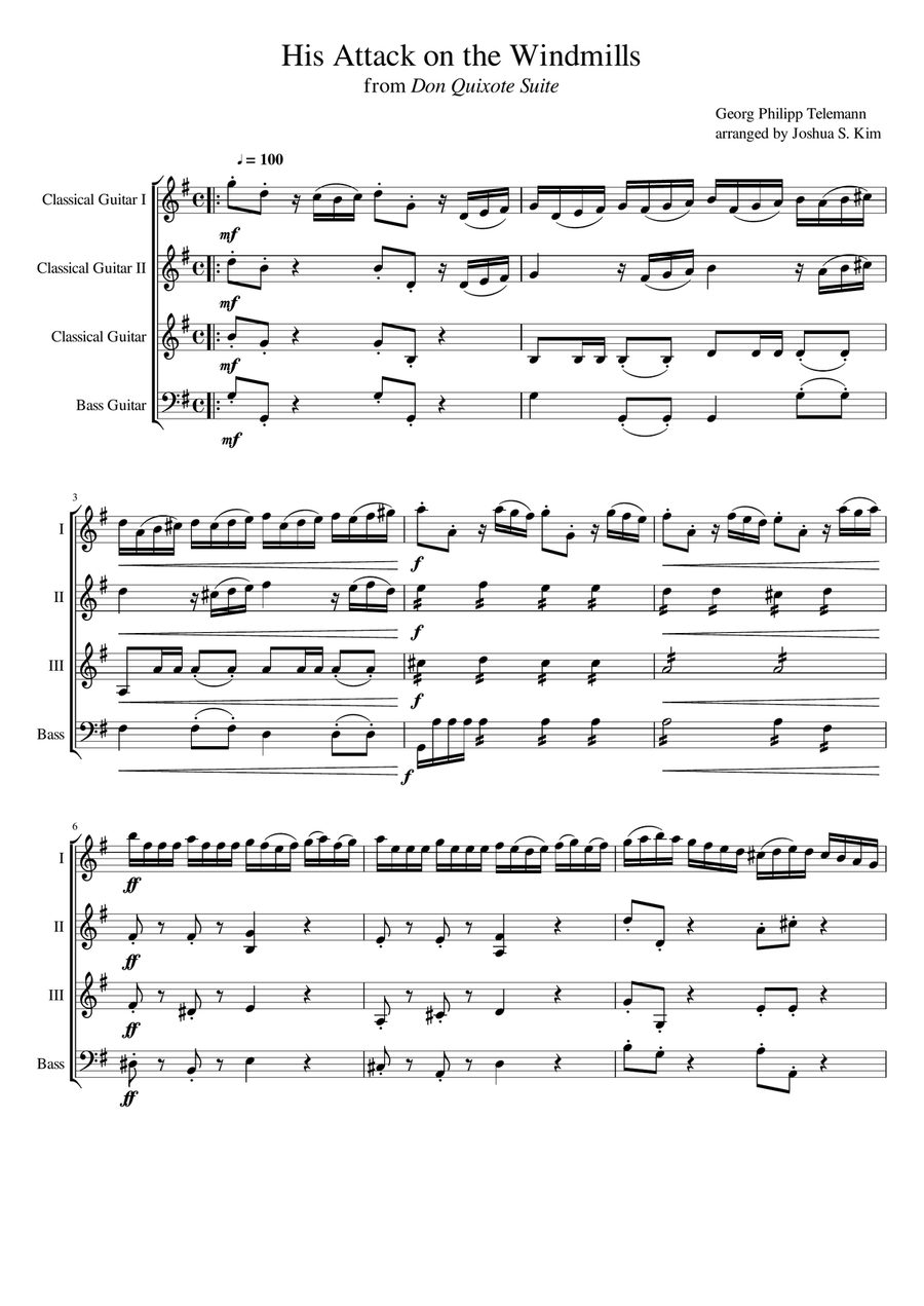 His Attack on the Windmills for Guitar Quartet (from Don Quixote Suite) Chamber Orchestra scores gallery preview page 1