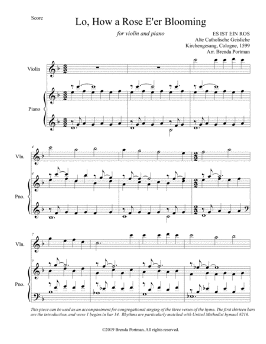 Lo, How a Rose E'er Blooming (violin/piano), arr. Brenda Portman Violin Solo scores gallery preview page 1