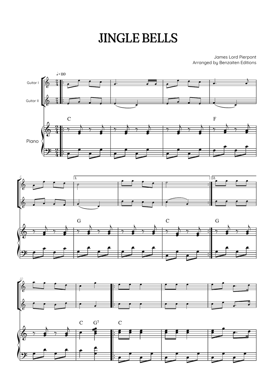 Jingle Bells • Christmas Song | acoustic guitar duet sheet music w/ piano accompaniment [chords] Acoustic Guitar scores gallery preview page 1