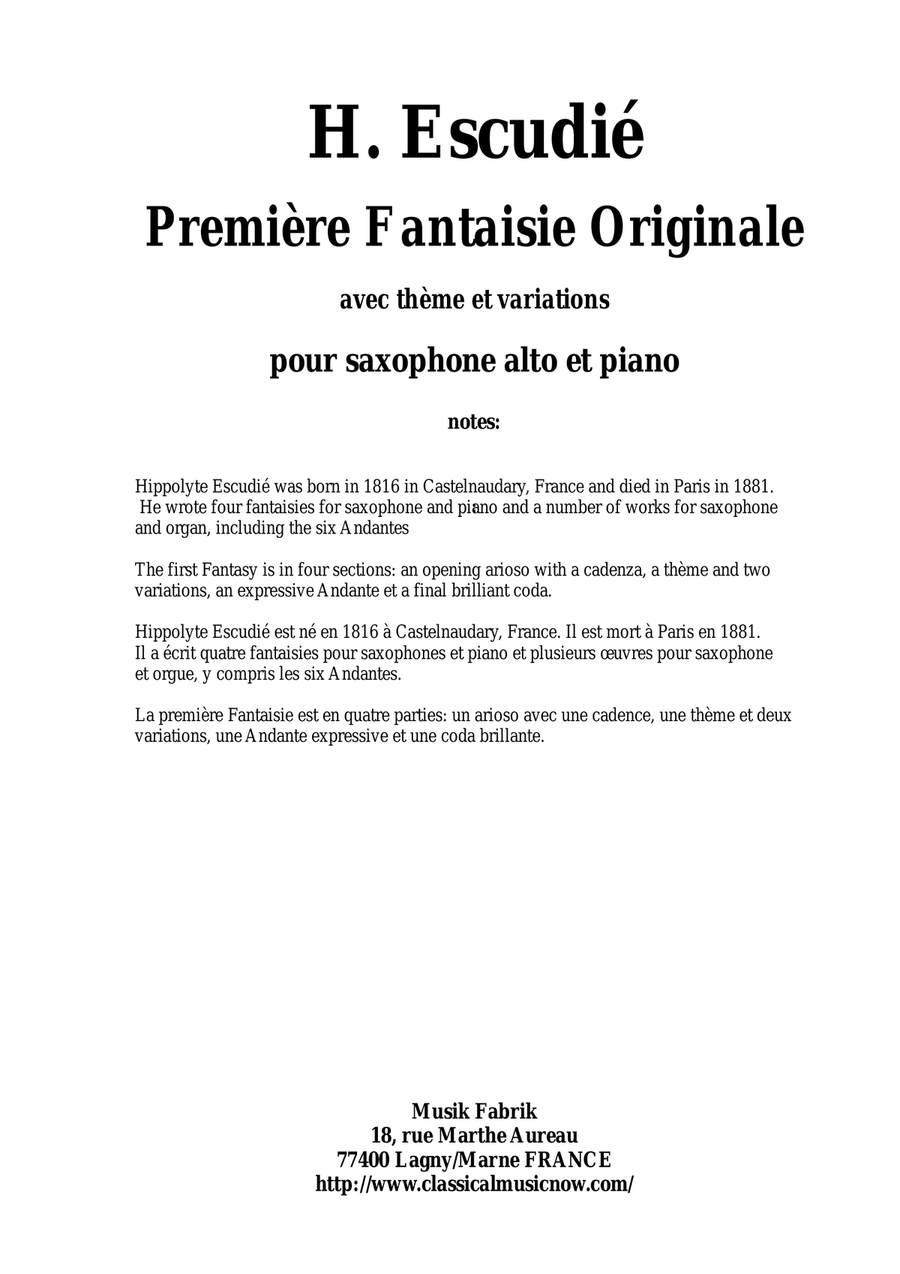 Hippolyte Escudié: Première Fantaisie Originale for alto saxophone and piano Alto Saxophone scores gallery preview page 1