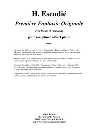 Book cover for Hippolyte Escudié: Première Fantaisie Originale for alto saxophone and piano