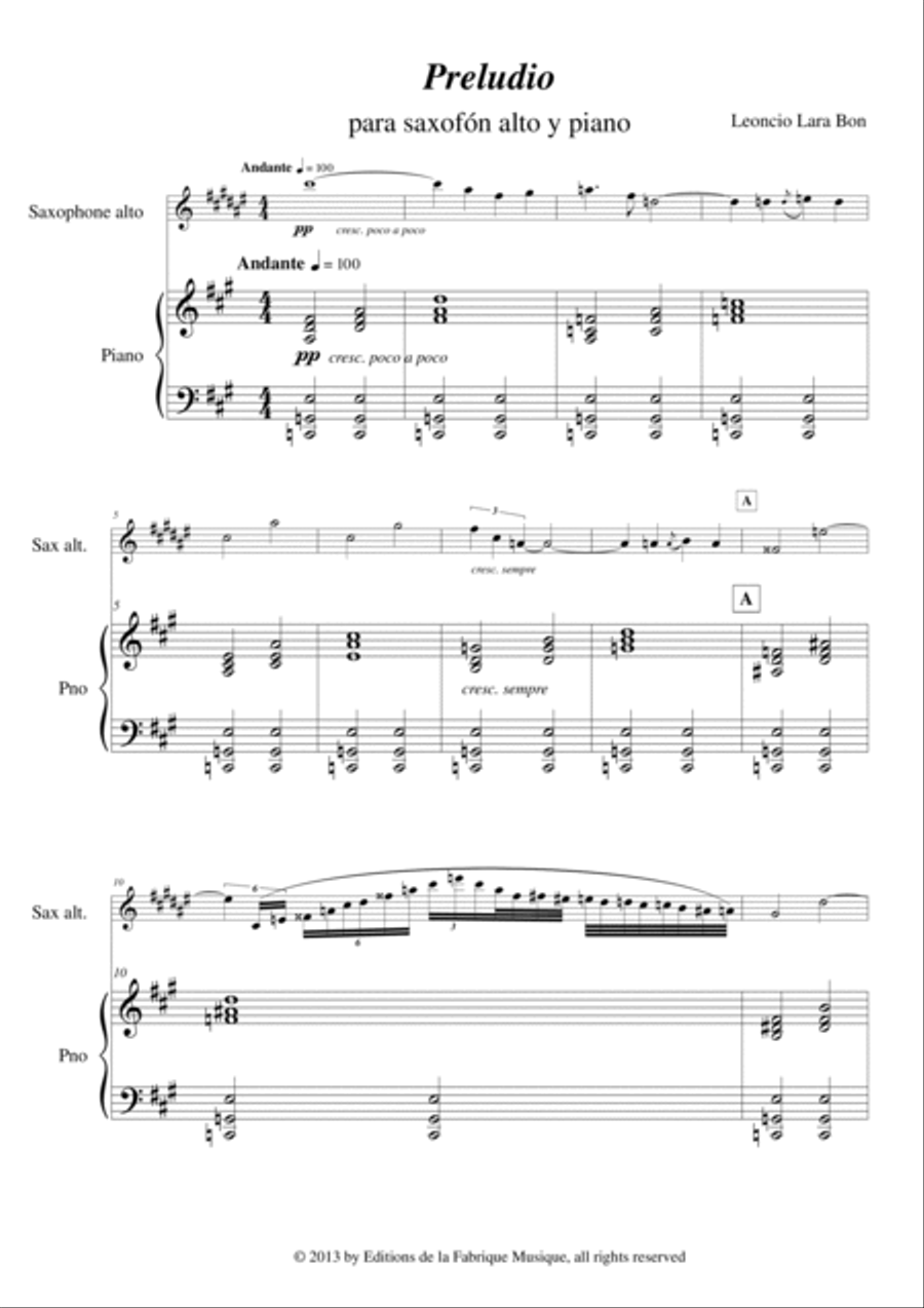 Leoncio Lara Bon - Preludio for alto saxophone and piano
