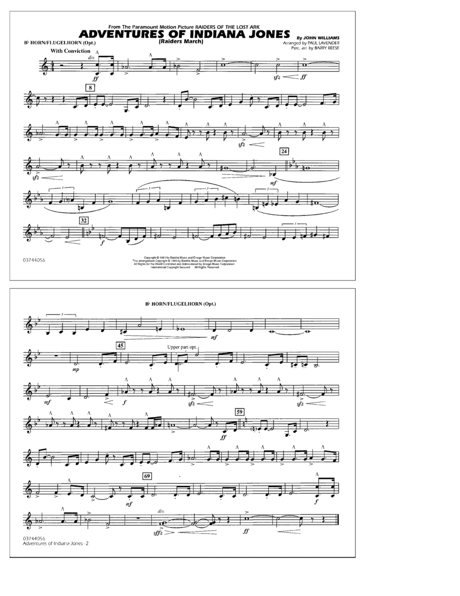 Adventures Of Indiana Jones (Raiders March) (arr. Paul Lavender) - Bb Horn/Flugelhorn Marching Band scores gallery preview page 1