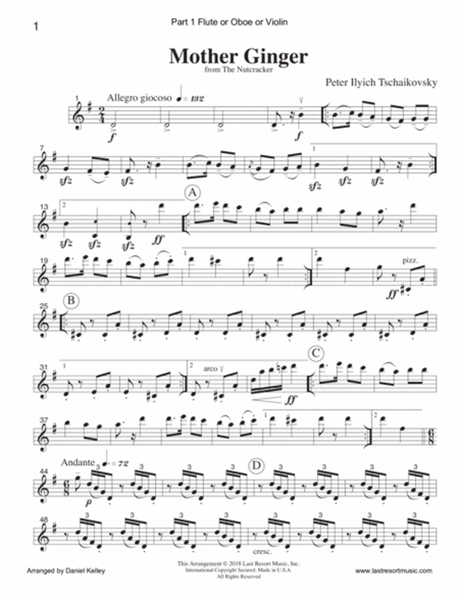 Mother Ginger from the Nutcracker for String Quartet or Piano Quintet with optional Violin 3 Part
