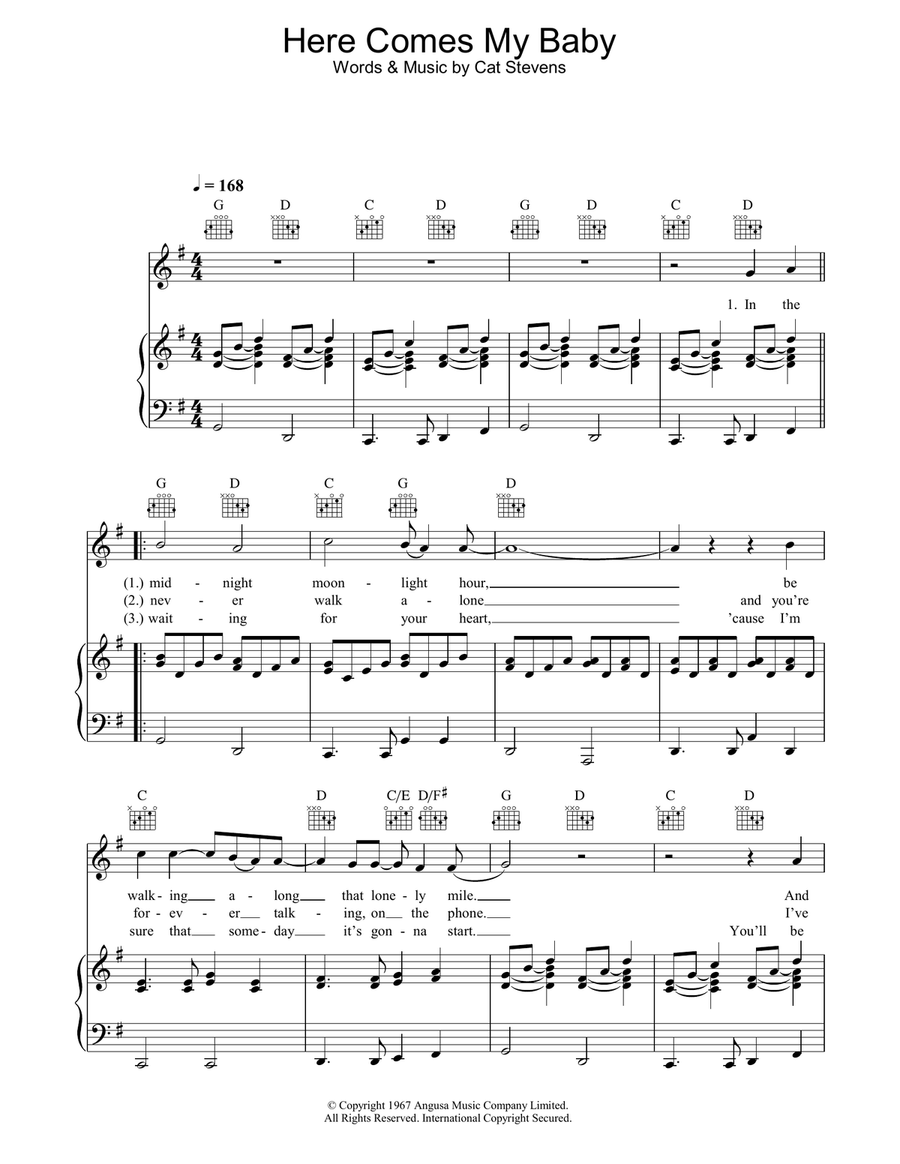 Here Comes My Baby Piano, Vocal, Guitar scores gallery preview page 1