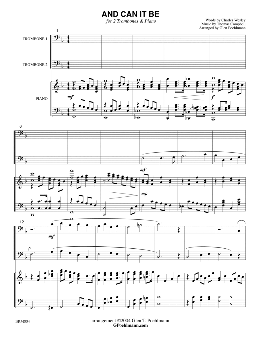 AND CAN IT BE - Trombone Duet with Piano. Optional M/F Vocal on one verse (or Congregation) Grade 2+ Choir scores gallery preview page 1