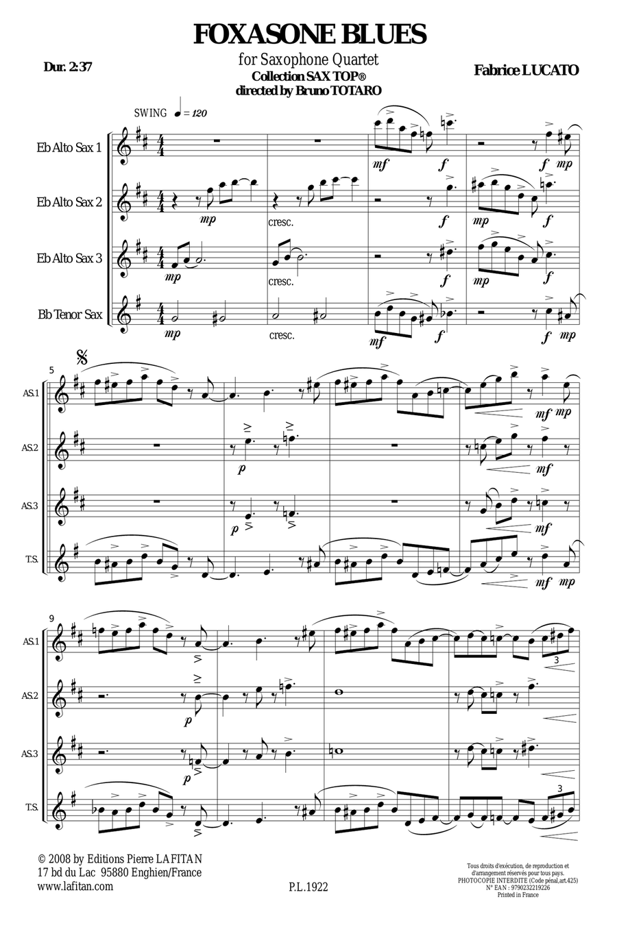 FOXASONE BLUES Saxophone Quartet scores gallery preview page 2