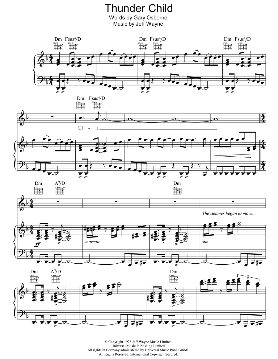 Thunder Child (from War Of The Worlds) Piano, Vocal, Guitar scores gallery preview page 1