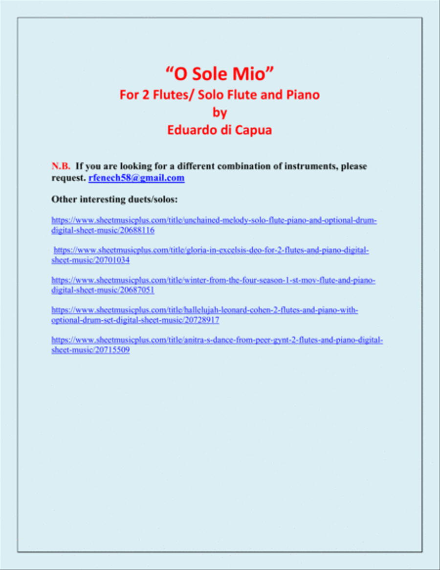 O Sole Mio - 2 Flutes and Piano Flute Duet scores gallery preview page 3