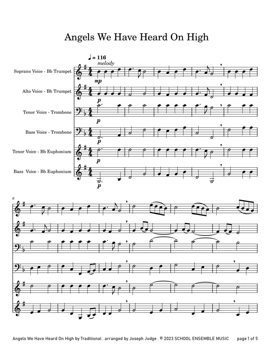 Angels We Have Heard On High for Brass Quartet in Schools Brass Quartet scores gallery preview page 1