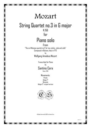 Book cover for Mozart – Complete String quartet no.3 in G major K156 for piano solo