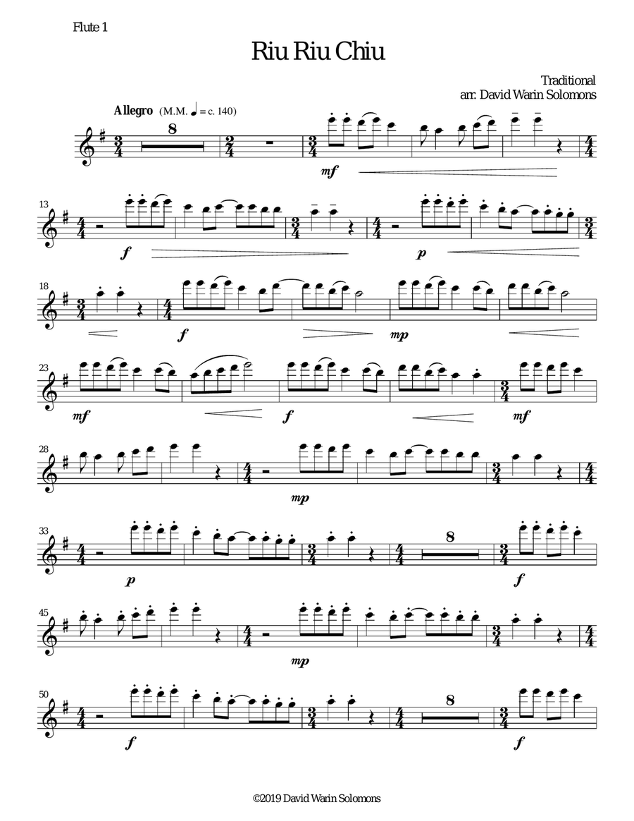Riu Riu Chiu arranged for flute quintet (4 flutes and 1 alto flute) Flute Solo scores gallery preview page 5