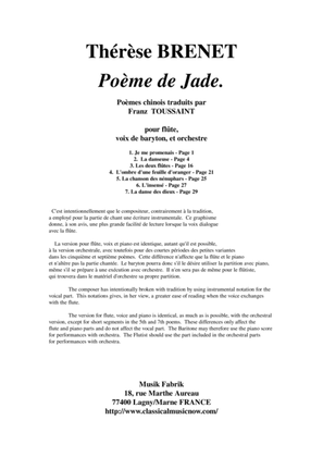 Thérèse Brenet: Poème de Jade, seven mélodies on Chinese Poems for baritone, flute solo and orchestr
