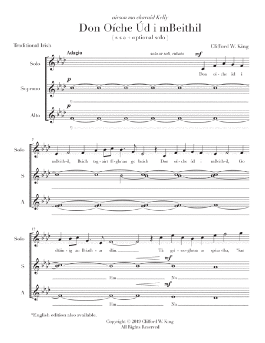 Don Oíche Úd i mBeithil ( s s a + optional solo ) SSA scores gallery preview page 2