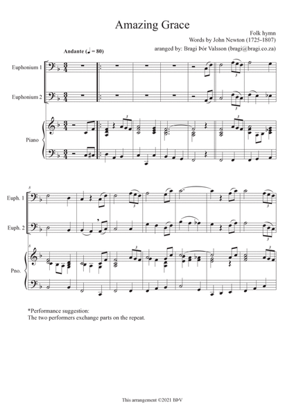 Amazing Grace - Duet for two euphonium and piano accompaniment image number null